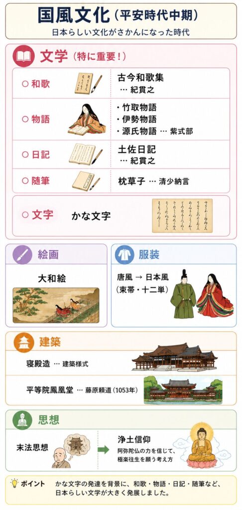 平安時代中期の国風文化を、文学・文字・絵画・服装・建築・思想の6つに分けて整理した縦長図解。古今和歌集・源氏物語・枕草子・かな文字・大和絵・寝殿造・平等院鳳凰堂・末法思想・浄土信仰など、高校入試で重要なポイントをまとめている。