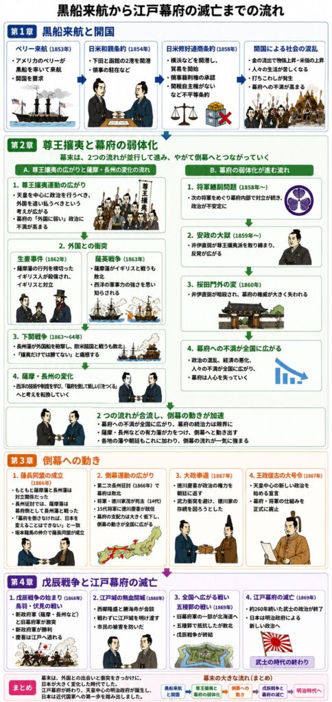 黒船来航から江戸幕府滅亡までの流れをまとめた縦長図解。第1章ではペリー来航、日米和親条約、不平等条約、開国による社会の混乱を整理。第2章では「薩摩・長州の変化」と「幕府の弱体化」の2つの流れを並行して図解し、尊王攘夷、生麦事件、薩英戦争、下関戦争、安政の大獄、桜田門外の変などを紹介。第3章では薩長同盟、大政奉還、王政復古の大号令による倒幕の流れを説明。第4章では鳥羽・伏見の戦い、江戸城の無血開城、五稜郭の戦いを経て、江戸幕府が滅亡し明治時代へ進む流れをまとめている。
