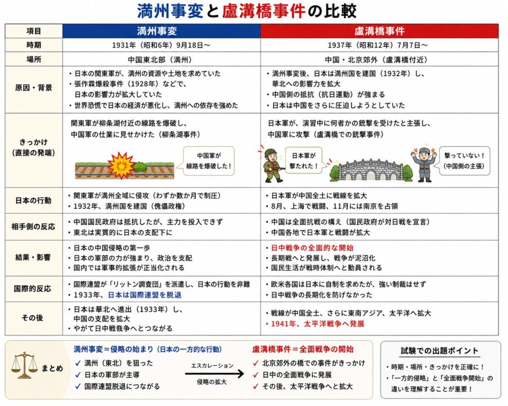 満州事変と盧溝橋事件を比較した表形式の図解。左側の青い欄には満州事変、右側の赤い欄には盧溝橋事件について、時期・場所・原因や背景・きっかけ・日本の行動・結果などが整理されている。
