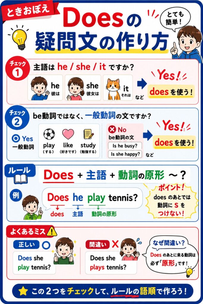 Does の疑問文を作るルールをまとめた図解。まず「主語が he・she・it や、Ken・my father などの三人称単数か」を確認し、その場合は Does を使うことを説明している。次に、「play・like・study などの一般動詞の文か」を確認し、be動詞の文では Does を使わないことを示している。下には「Does+主語+動詞の原形 ~ ?」という語順ルールと、「Does he plays tennis? は誤りで、Does he play tennis? が正しい」という注意点が、赤色で強調されている。