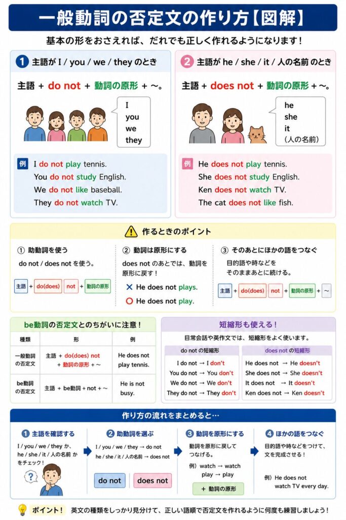 一般動詞の否定文の作り方をまとめた図解。主語によって使う形が変わることを整理しており、「I・you・we・they では do not を使う」「he・she・it や Ken、my father などの三人称単数では does not を使う」ことを色分けして説明している。中央には「主語＋do not［does not］＋動詞の原形」という否定文の基本語順が大きく示されている。また、「He does not plays tennis. は誤り」「He does not play tennis. が正しい」という例を使い、does not のあとでは動詞を原形に戻すことを赤字で強調している。