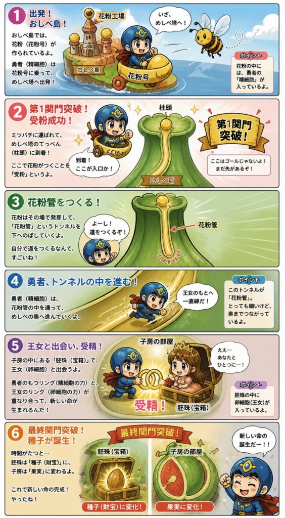 花のつくりの流れをわかりやすく説明する6コマ漫画(受粉・受精・子房と胚珠の変化)