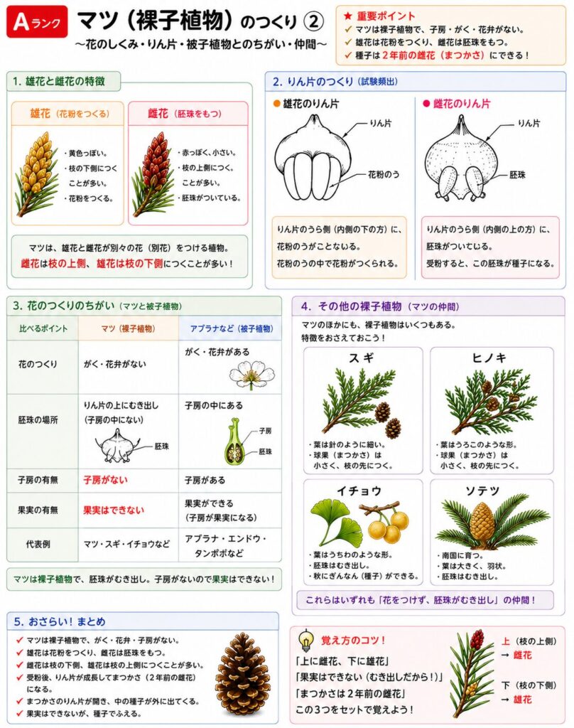 マツ(裸子植物)のつくり②|雄花と雌花のりん片、被子植物との違い、マツの仲間をまとめた試験頻出ポイント図解