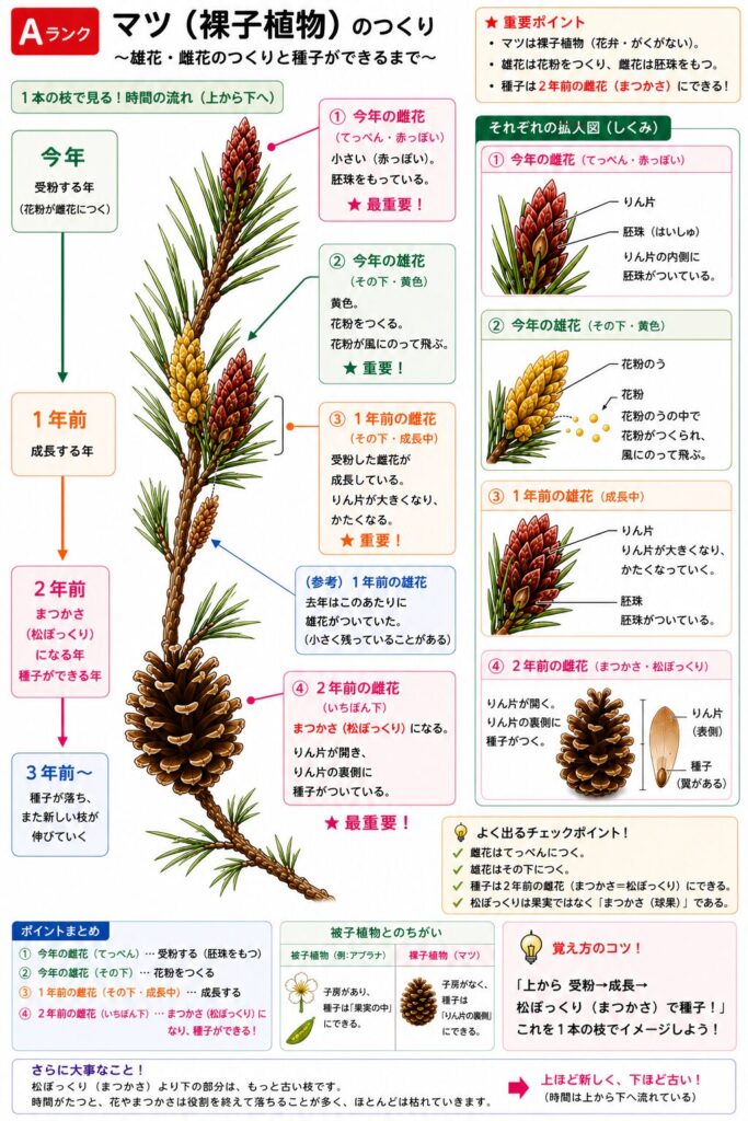 マツ(裸子植物)のつくり|今年の雌花・雄花から、まつかさ(2年前の雌花)になるまでの時間変化を1本の枝で解説した図解