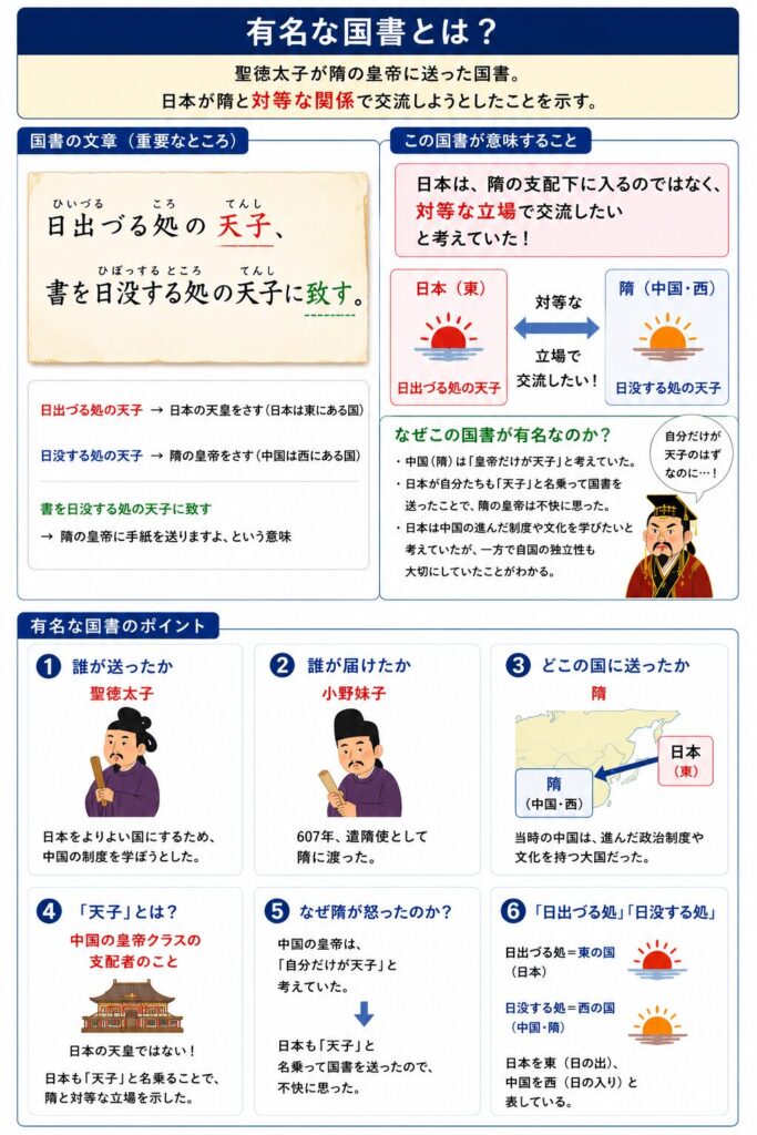 聖徳太子が隋へ送った有名な国書についてまとめた図解。「日出づる処の天子、書を日没する処の天子に致す」の意味や、日本が隋と対等な関係を目指したことを整理している。