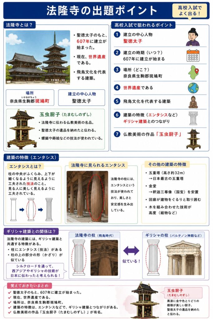 法隆寺の出題ポイントをまとめた図解。世界遺産・飛鳥文化・聖徳太子・エンタシス・ギリシャ建築との関係・玉虫厨子など、高校入試でよく問われる重要事項を整理している。