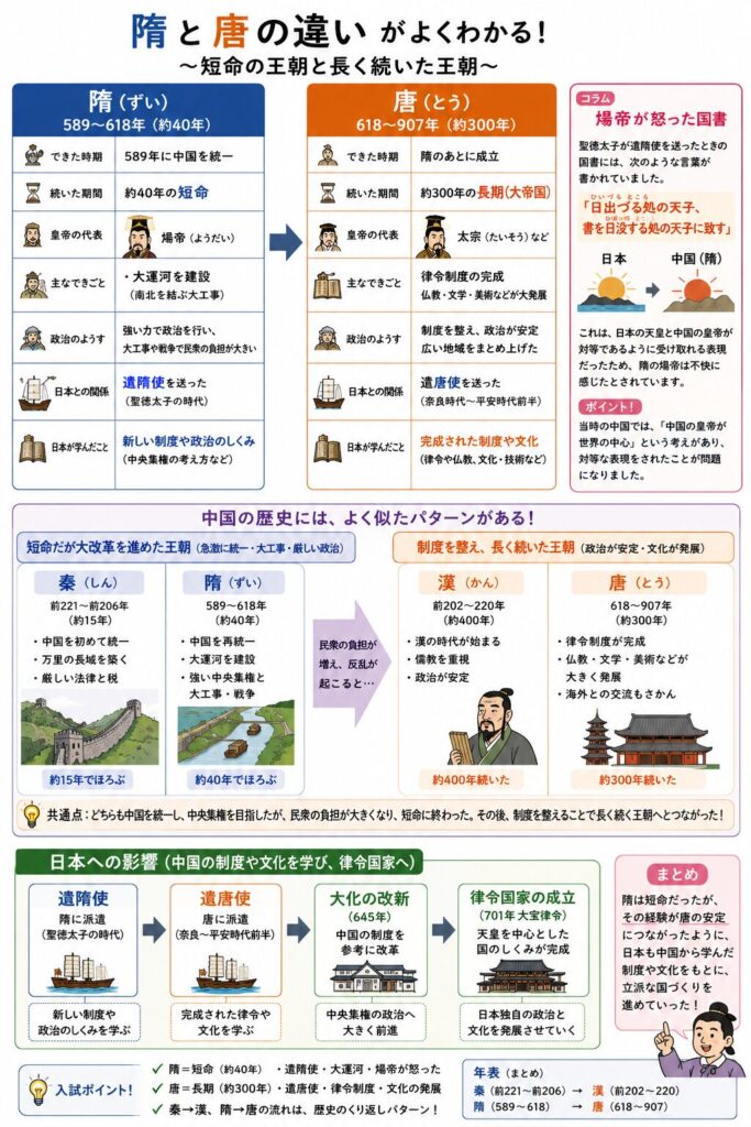 隋と唐の違いを比較した中学歴史向け図解。隋と唐の成立時期・続いた年数・皇帝・政治の特徴・日本との関係を表で整理し、隋は短命、唐は長期王朝であることを解説している。また、秦→漢、隋→唐という「短命王朝から長期王朝へ」という中国史の共通パターンや、遣隋使・遣唐使から大化の改新、律令国家成立につながる流れもまとめている。