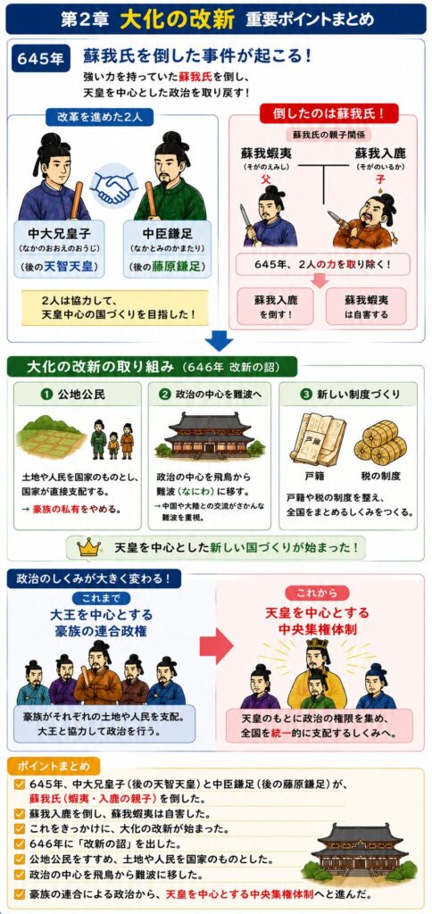 大化の改新の重要ポイントをまとめた図解。中大兄皇子・中臣鎌足による蘇我入鹿打倒、公地公民、難波遷都、中央集権国家への変化を縦長で整理した中学歴史向けインフォグラフィック。