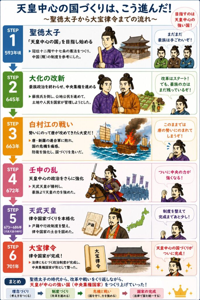 聖徳太子から大宝律令までの流れをまとめた歴史図解。聖徳太子、大化の改新、白村江の戦い、壬申の乱、天武天皇、大宝律令を6つのステップで整理し、天皇中心の中央集権国家が完成していく流れをイラスト付きで解説している。