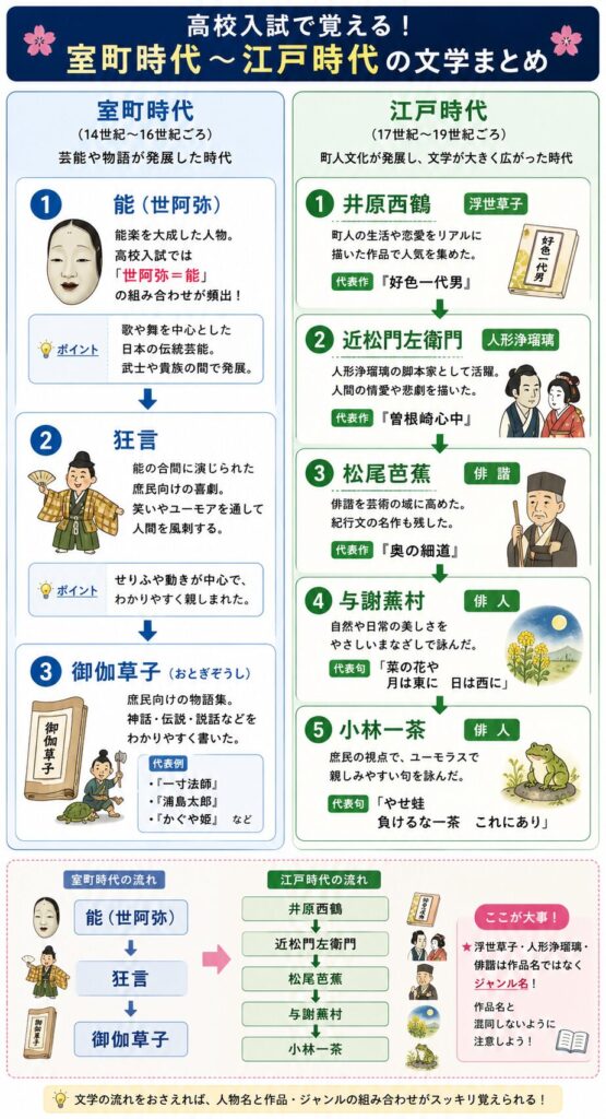 高校入試対策向けの室町時代・江戸時代の文学まとめ図解。世阿弥と能、狂言、御伽草子、井原西鶴と浮世草子、近松門左衛門と人形浄瑠璃、松尾芭蕉と俳諧、与謝蕪村、小林一茶の代表作品や特徴を時代順に整理し、ジャンル名と作品名の違いも解説している。