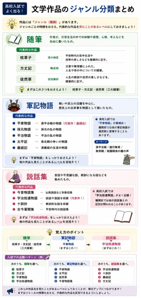 高校入試でよく出る文学作品のジャンルをまとめた図解。随筆・軍記物語・説話集の3つのジャンルについて、それぞれの特徴と代表作品を整理している。随筆では『枕草子』『方丈記』『徒然草』、軍記物語では『平家物語』『保元物語』『平治物語』『太平記』『義経記』、説話集では『今昔物語集』『宇治拾遺物語』『十訓抄』『古今著聞集』を紹介。高校入試や難関校入試で問われやすいジャンルの分類や代表作品を一覧で確認できる文学史図解。