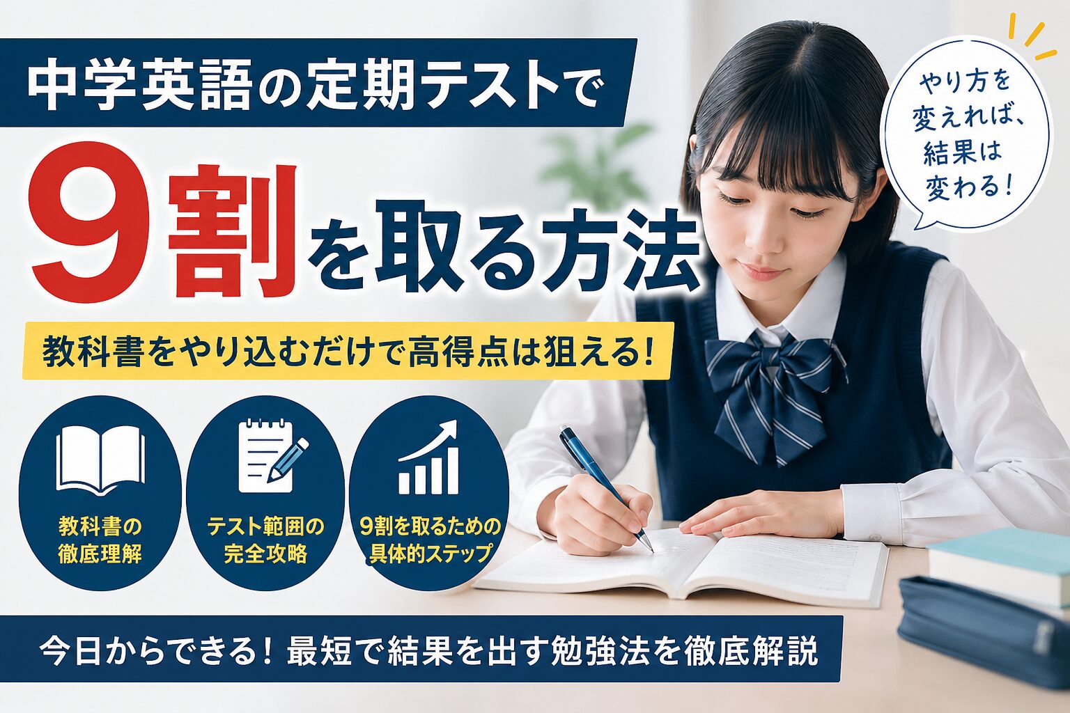 中学英語の定期テスト対策で9割を目指す勉強法のイメージ