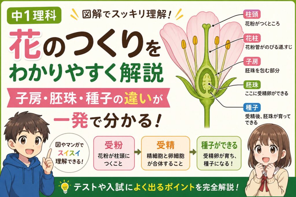 中1理科の花のつくりを解説するアイキャッチ画像（子房・胚珠・種子の違いと受粉・受精の流れ）
